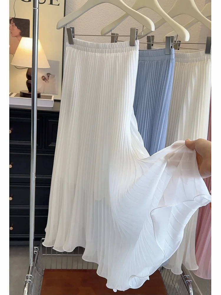Sanfte Elegante Chiffon Plieated Röcke Für Frauen Sommer Neue Hohe Taille Lose Temperament Lange Röcke Einfache Casual Pendeln Rock
