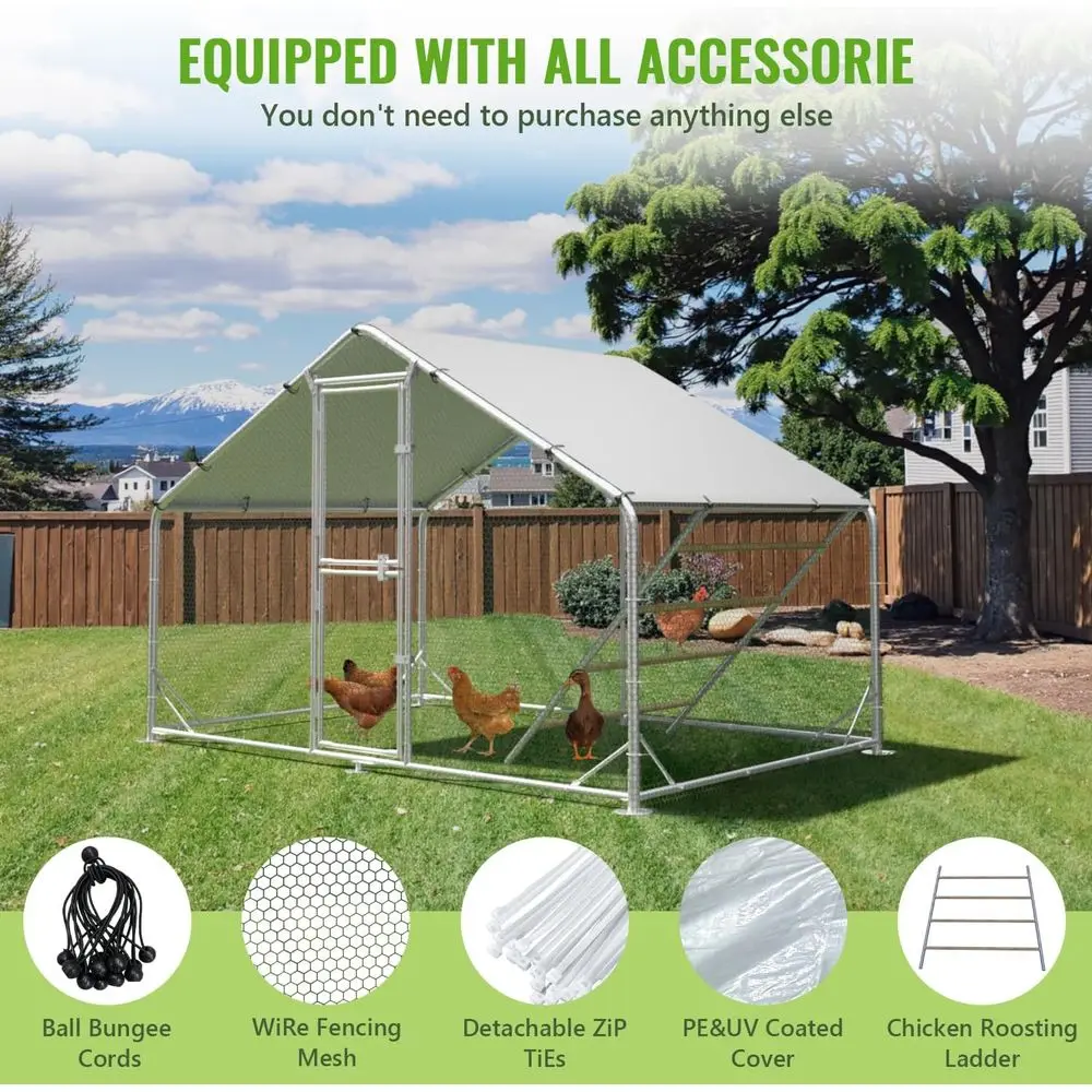 10x6.5ft Spire Roof Chicken Coop with Covered Run and Roosting Bar for Backyard