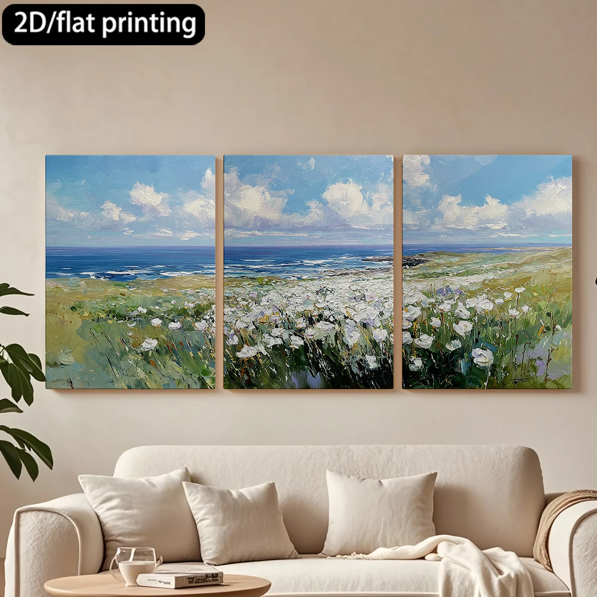 

2D плоская печать, набор из 3 картин на холсте в деревянных рамах: декоративная живопись с изображением прибрежного пейзажа, цветов и океана. Декор для коридора и спальни.