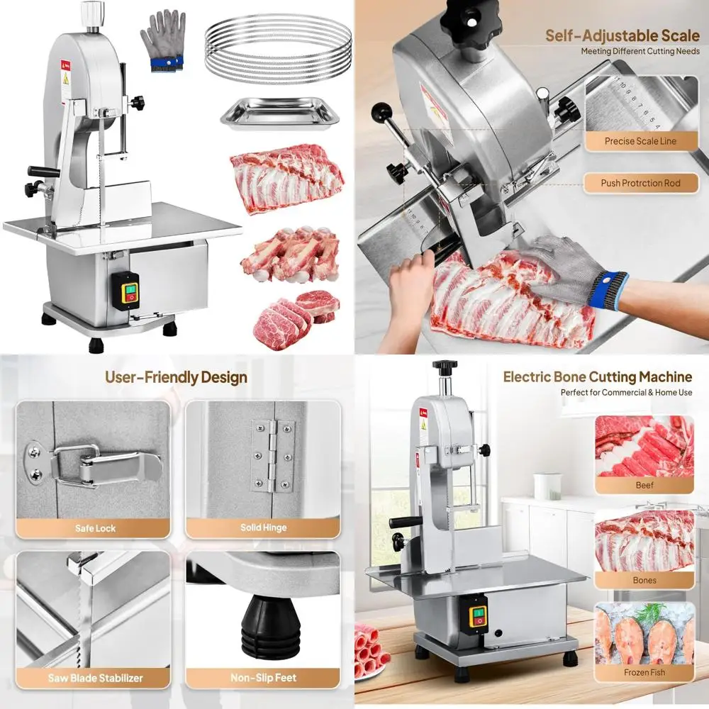 Máquina elétrica de serra de osso de grau comercial 750W para carne congelada, espessura de corte de 0,16-7,9 polegadas, 6 lâminas incluídas