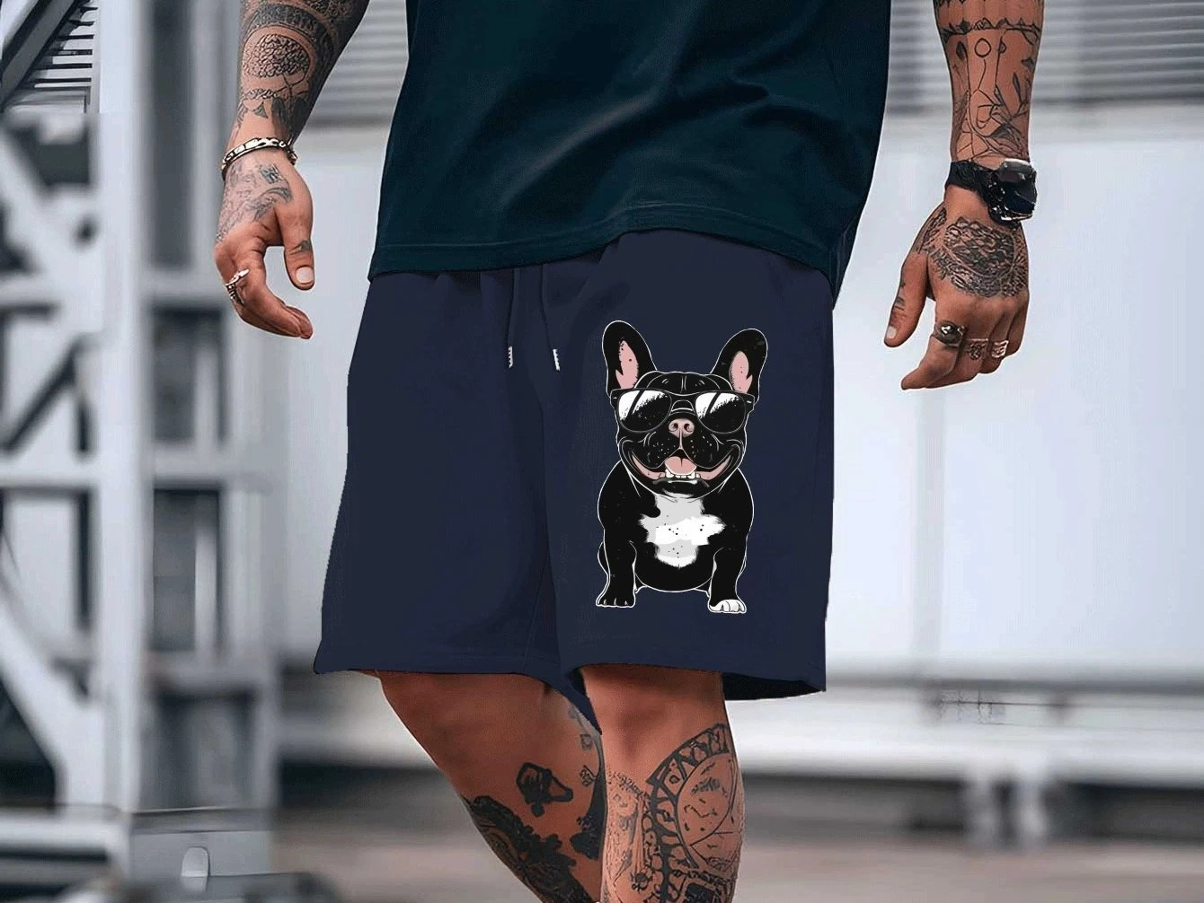 Men's Casual Summer Shorts with Cute French Bulldog Print Light Gray, Comfortable Stretch Fabric Stretch Shorts