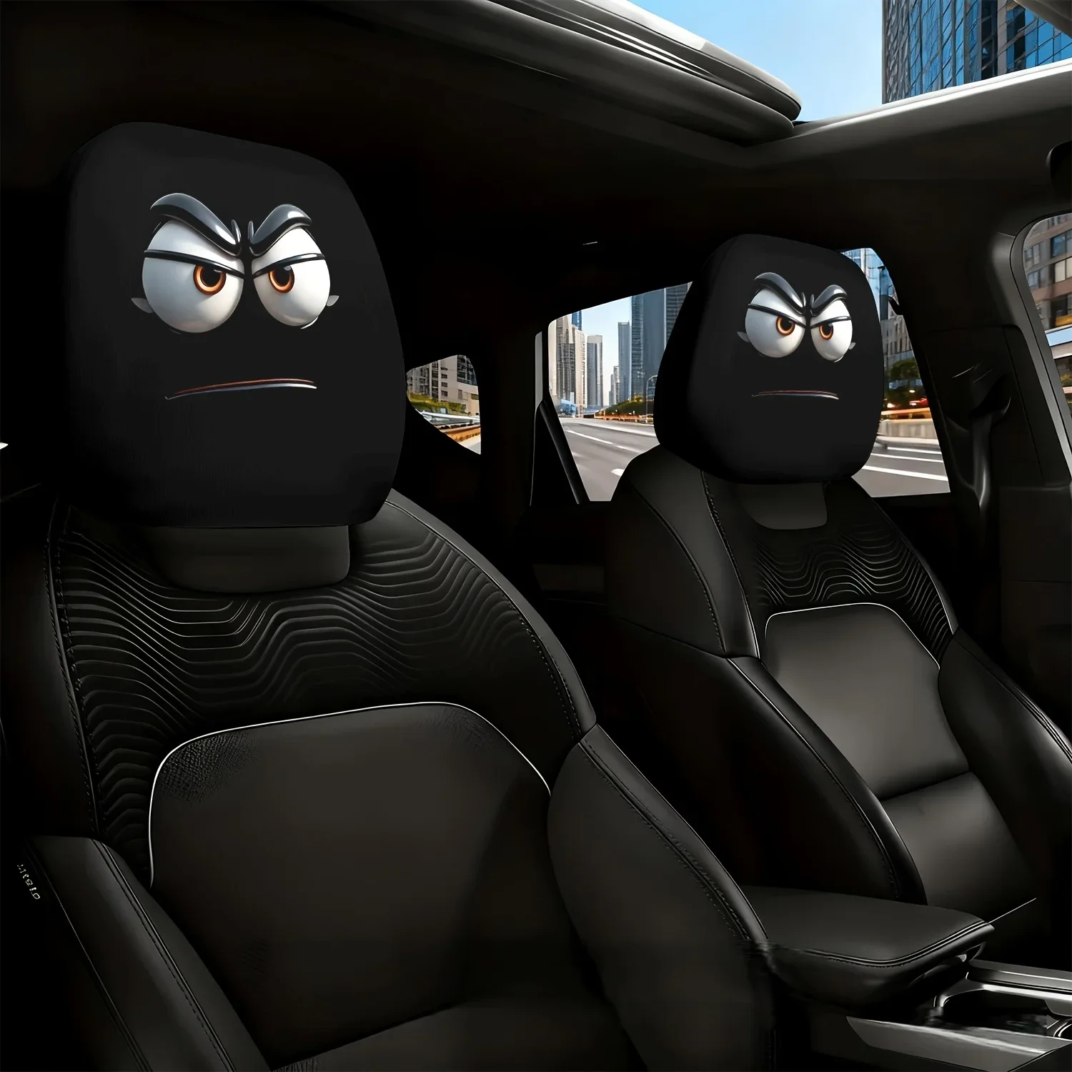 2pcs Classic Cartoon Character Angry Big Eye Expression Theme Print Pattern Car Seat Cushion Headrest Neck Pillow Protective C