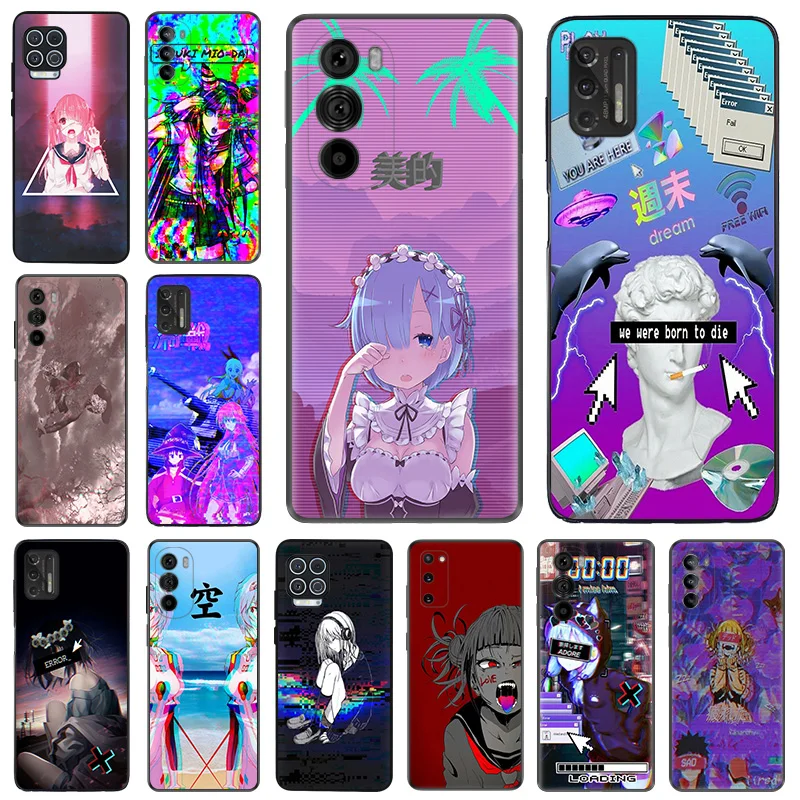 Phone Case For Motorola G50 G51 G30 G31 G60 G71 G22 G60S G32 G52 G72 G73 G53 G9 Vaporwave Girl Anime Black Soft Anti-Drop Cover