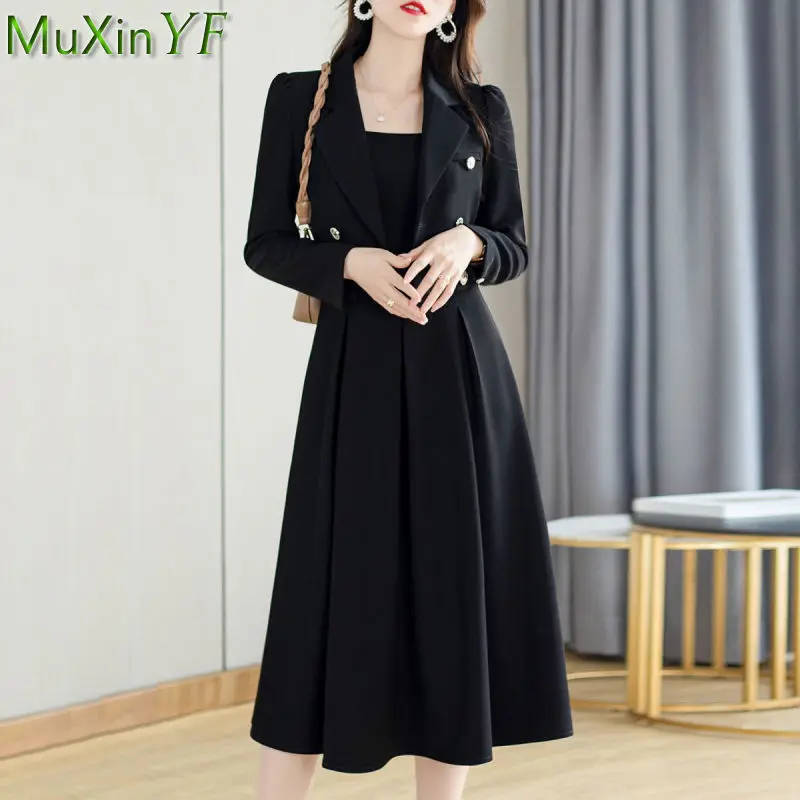 

Women's Black Short Blazers Sleeveless Dress 2 Piece Set Spring Autumn Korean Office Lady Graceful Suit Jacket Outfits New Coats