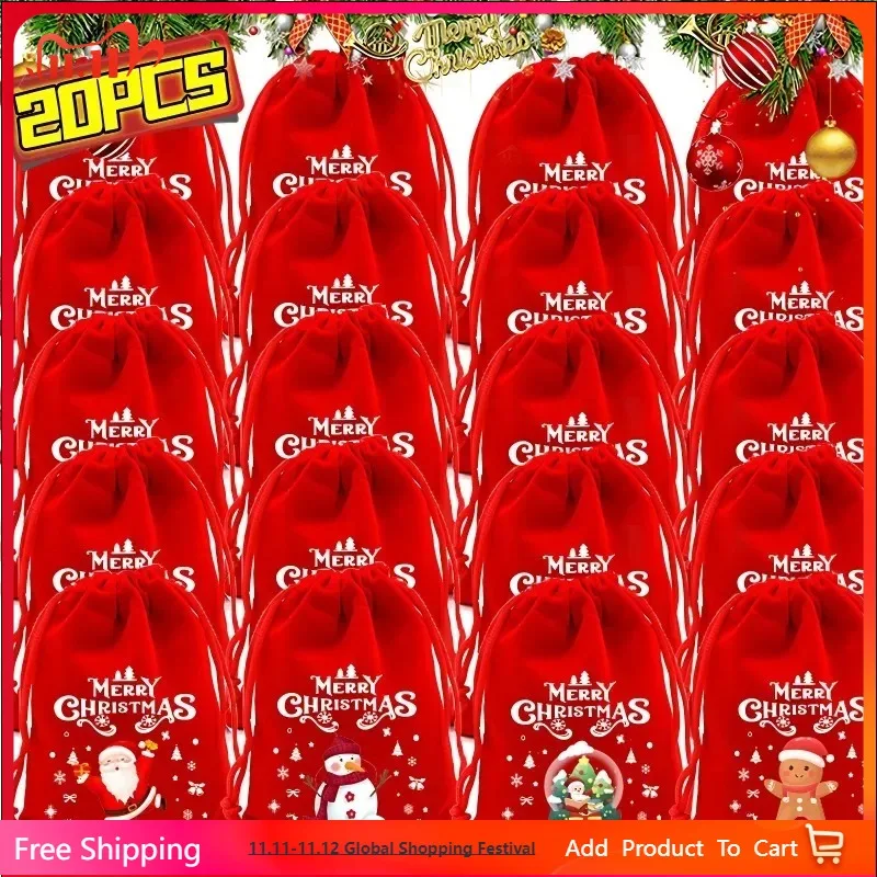 

20PCS Drawstring Christmas Velvet Bags Red Gift Packaging Bag Candy Biscuit Pouch Merry Christmas Bracelet Jewelry Storage Bag