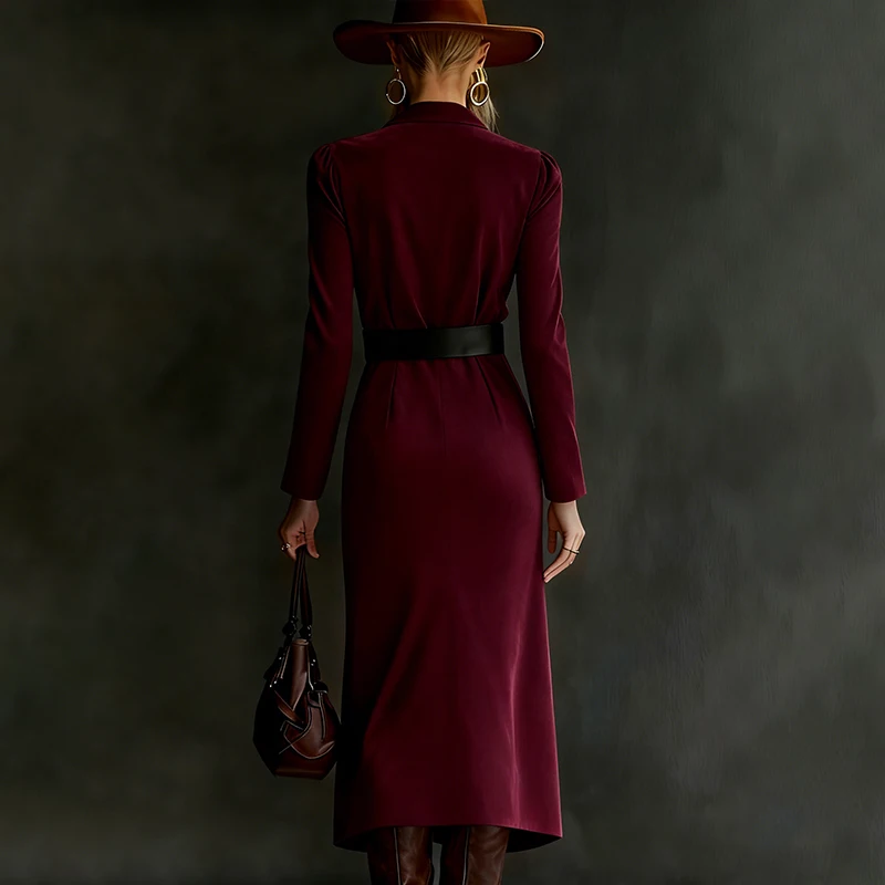 秋冬レディース長袖フェイクスエードVネックドレスセクシーなスリットヘムボディコンウエスタンカウガールマキシドレスストリートウェアベルト付き