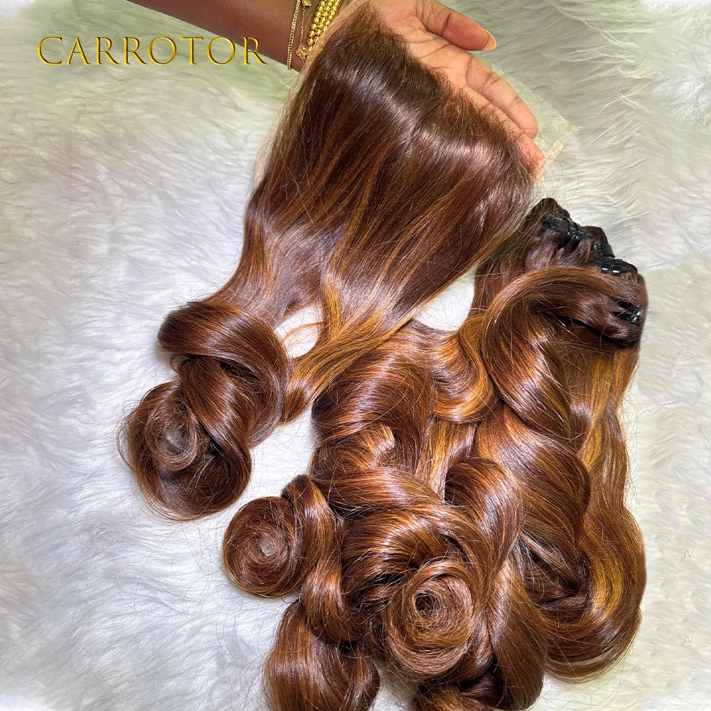 Highlight Brown Colored Loose Deep Human Hair Bundles with Closure 4x4 Raw Brazilian Hair Extensions Weave 3 Bundles For Woman
