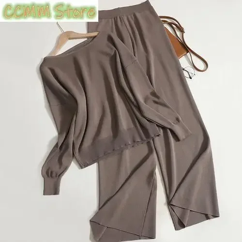 New Solid Knitting 2 Piece Sets Womens Outfits Fashion Autumn O Neck Long Sleeve Casual Sets High Waist Pant Sets