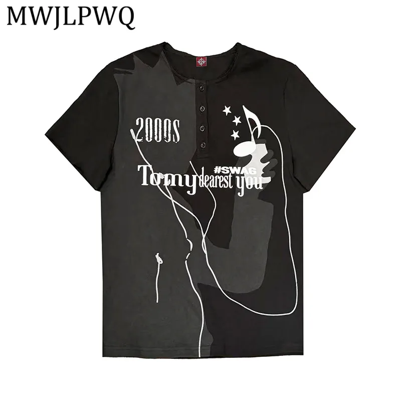 

MWJLPWQ Men's 2000s Style Graphic Henley T-Shirt Short Sleeve Crew Neck Street Unisex Abstract Music Print Daily Wear Tops15503