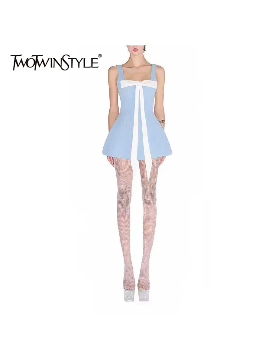 TWOTWINSTYLE Solid Spliced Bow Slimming Mini Dresses for Women Square Neck Sleeveless Patchwork Zipper Dress Female Fashion New