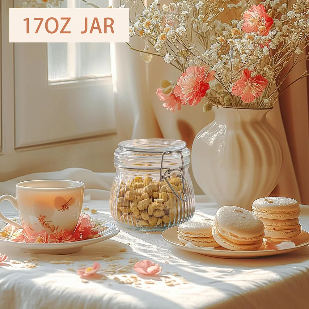 Glass jar 17oz, Glass Storage Containers with Lids, Glass Canister, Small Striped Clip Fastening Jar for Kitchen, Oats, Pickle