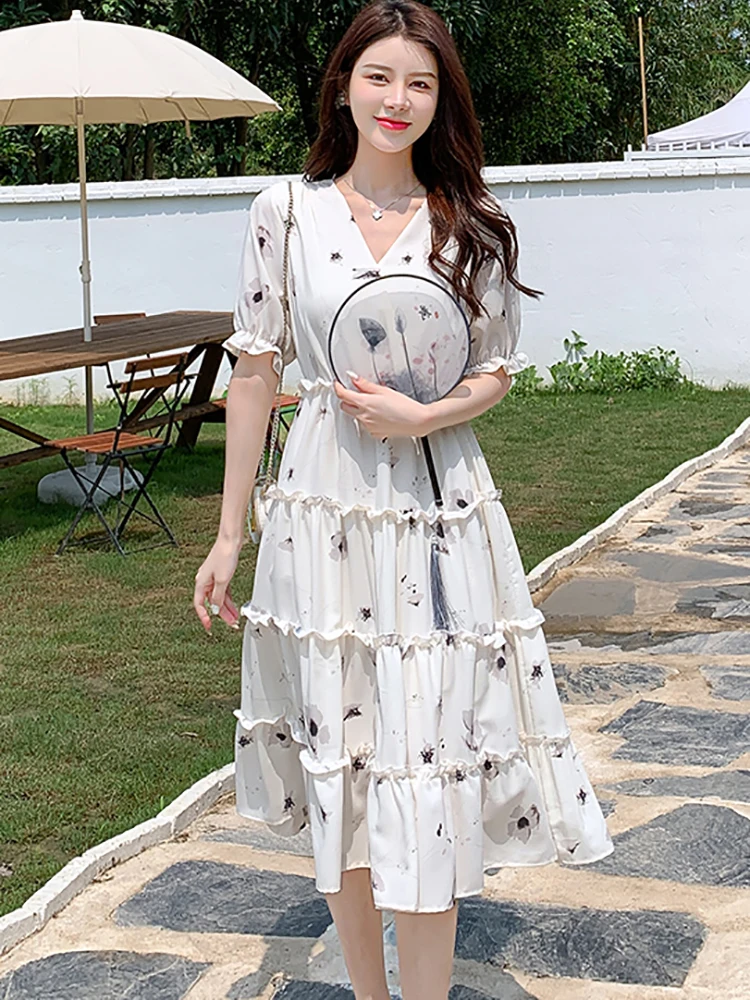 2025 White Chiffon Foral Chic Ruffled Casual Long Dress Summer Boho Elegant Holiday Dress Women Korean Bodycocn One Piece Dress