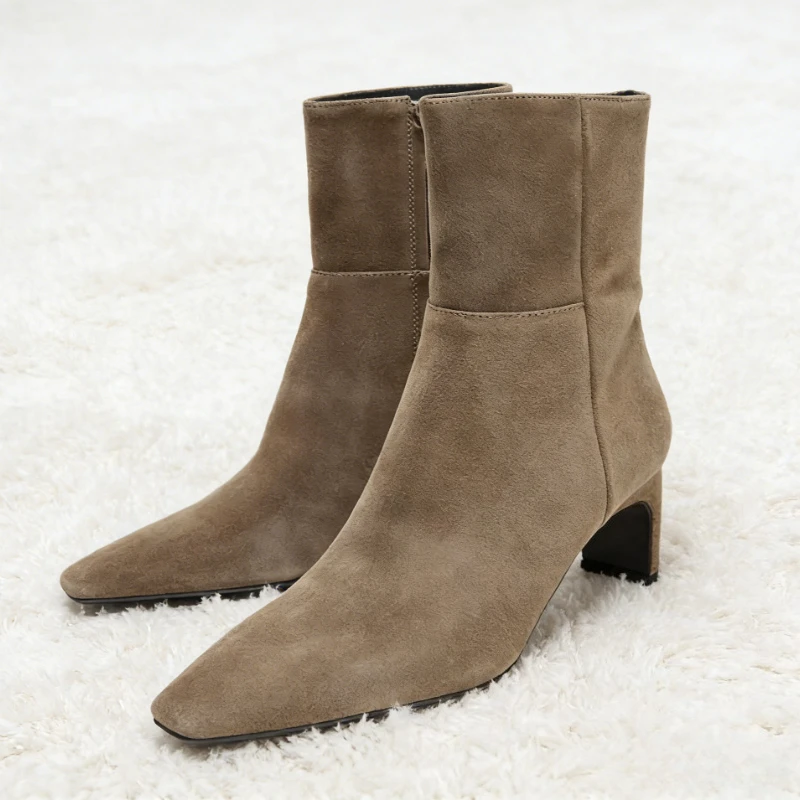 

Осенне-зимние замшевые женские ботильоны с острым носком на массивном каблуке, современные ботинки с боковой молнией, элегантные вечерние женские туфли на каблуке