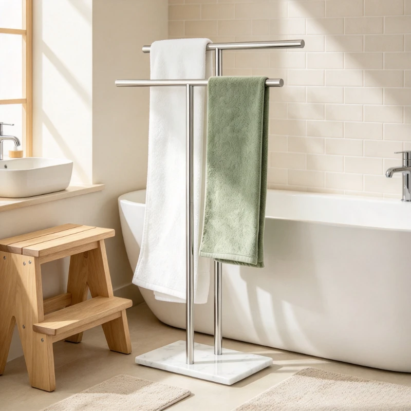 Floor Towel Rack 304 Stainless Steel, Double Bar Non-Touch Towel Holder, Ventilated Standing Towel Stand for Hotel, B&B & Home