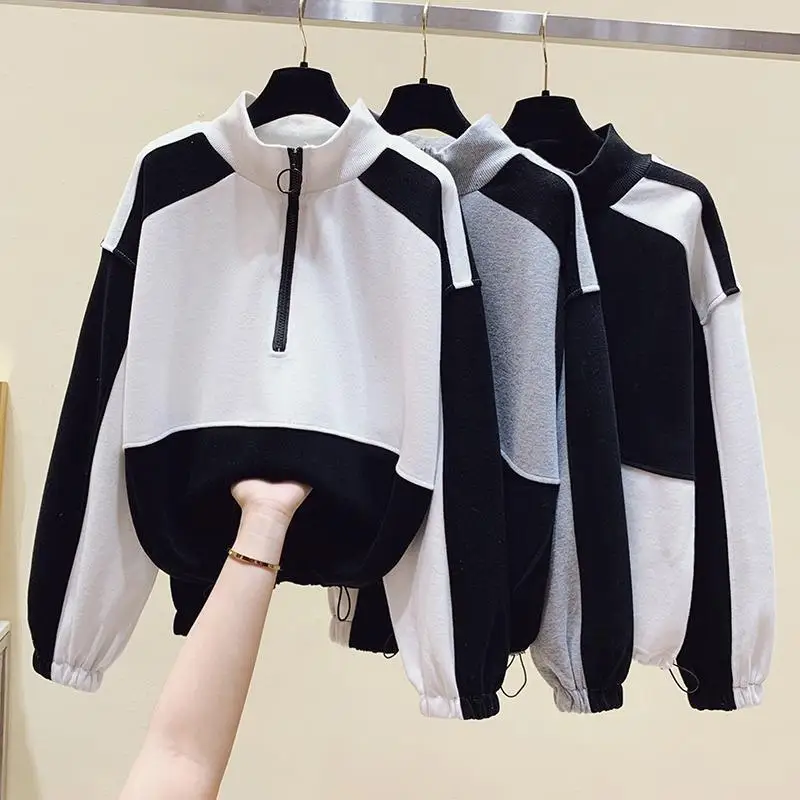 2023 New Spring and Autumn Thin Design Feeling Small and Loose Relaxed Hem Drawstring Oversize Contrast Color Mock Neck Sweater