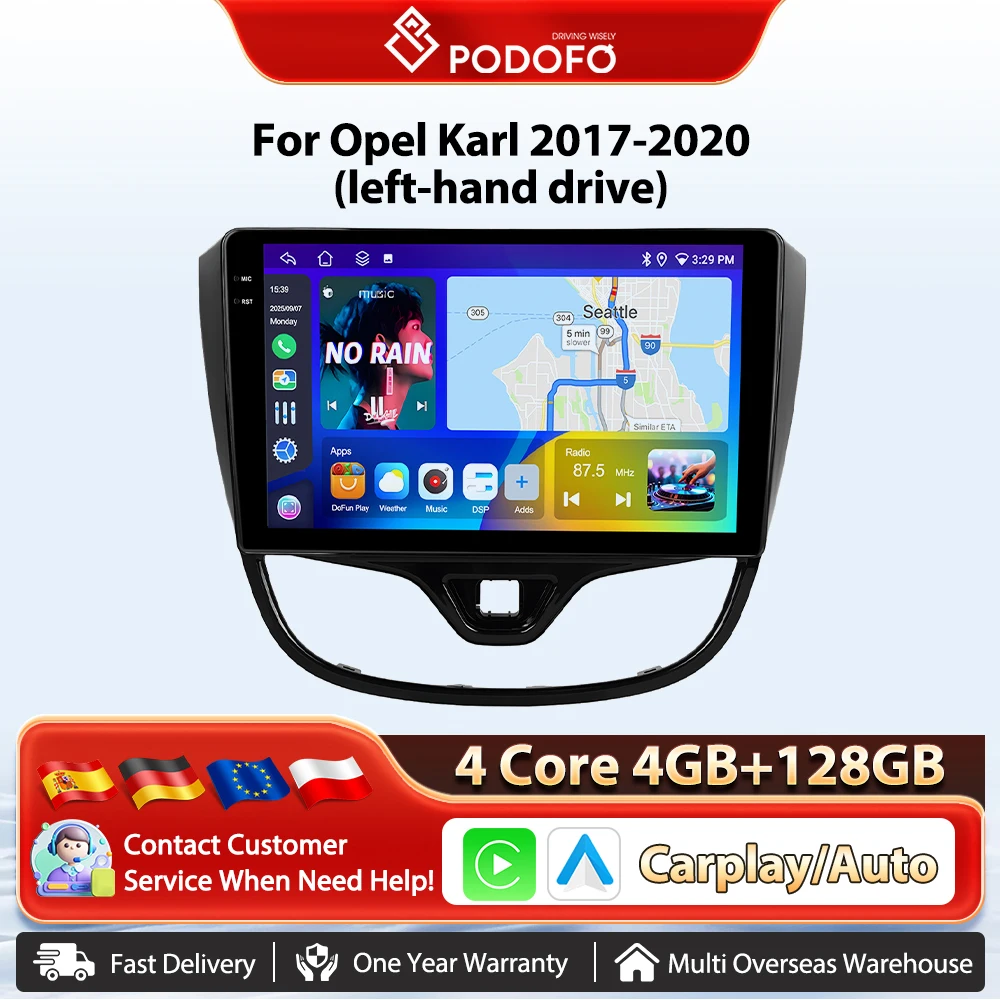Podofo 10'' Kabelloses Carplay Android Auto Radio für Opel Karl 2017-2020 (Linkslenker) Auto-Multimedia-Stereo GPS-Navigation BT FM/RDS 2din Auto-Intelligentes System Plug&Play Head Unit SWC Autoradio