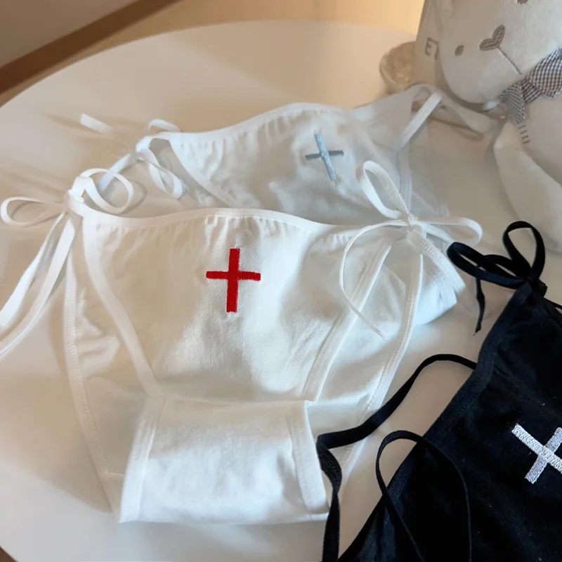 Cosplay Nurse Lace Up Cross Printed Underpants Lolita Cotton Sweet Girl Sexy Panties Low Waist Breathable Soft Cute Briefs