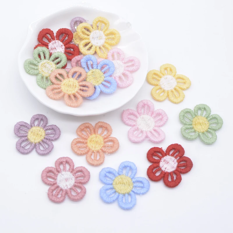 20Pcs 28mm Embroidered Knitting Flower for DIY Baby Headdress Clips Bow Hair Circle Decor Accessories Handmade Clothes Patches