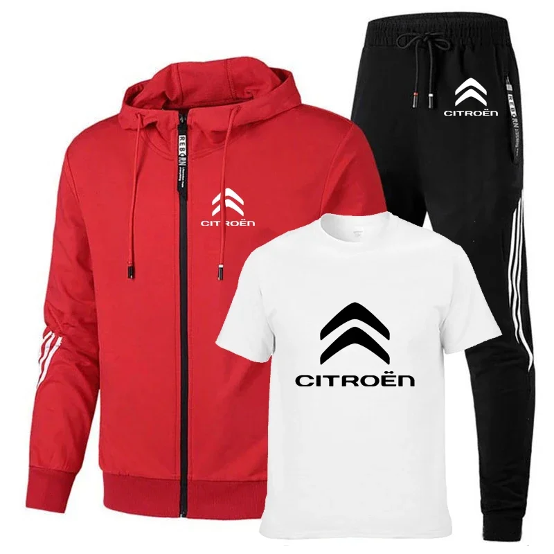 Spring Autumn Men's jackets Citroen Motors Car Logo Print Solid color stripe Cotton Men's sweatshirt+T-shirt+sports pants 3-piec