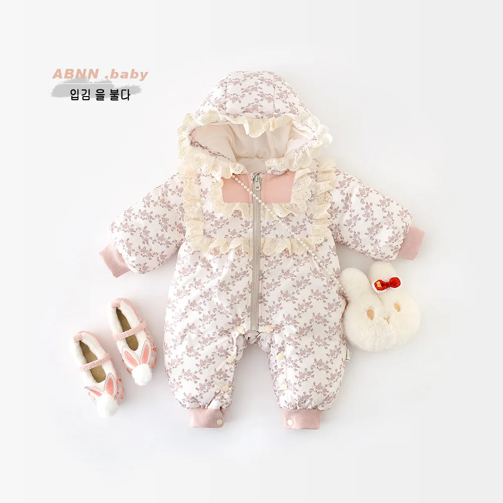 Winter Baby Girls Bodysuit Flower Printed Lace Broder Hooded Infant Girls Onesies Cotton Padded Warm Thick Newborn Girl Jumpsuit