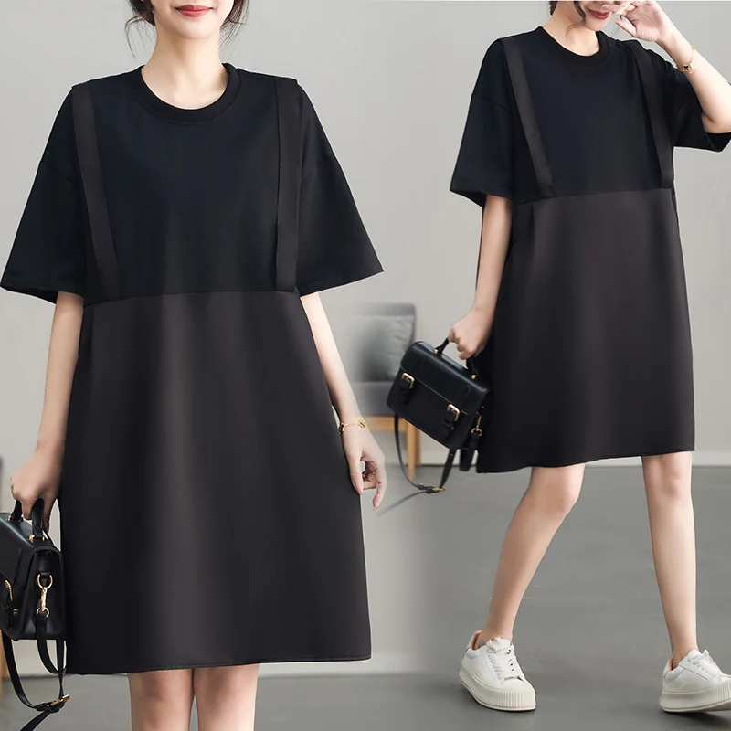 T-shirt coréen décontracté pour femmes, mi-long, épissé, ample, Bla Dr Faionable, aspect deux pièces, coupe droite, été...