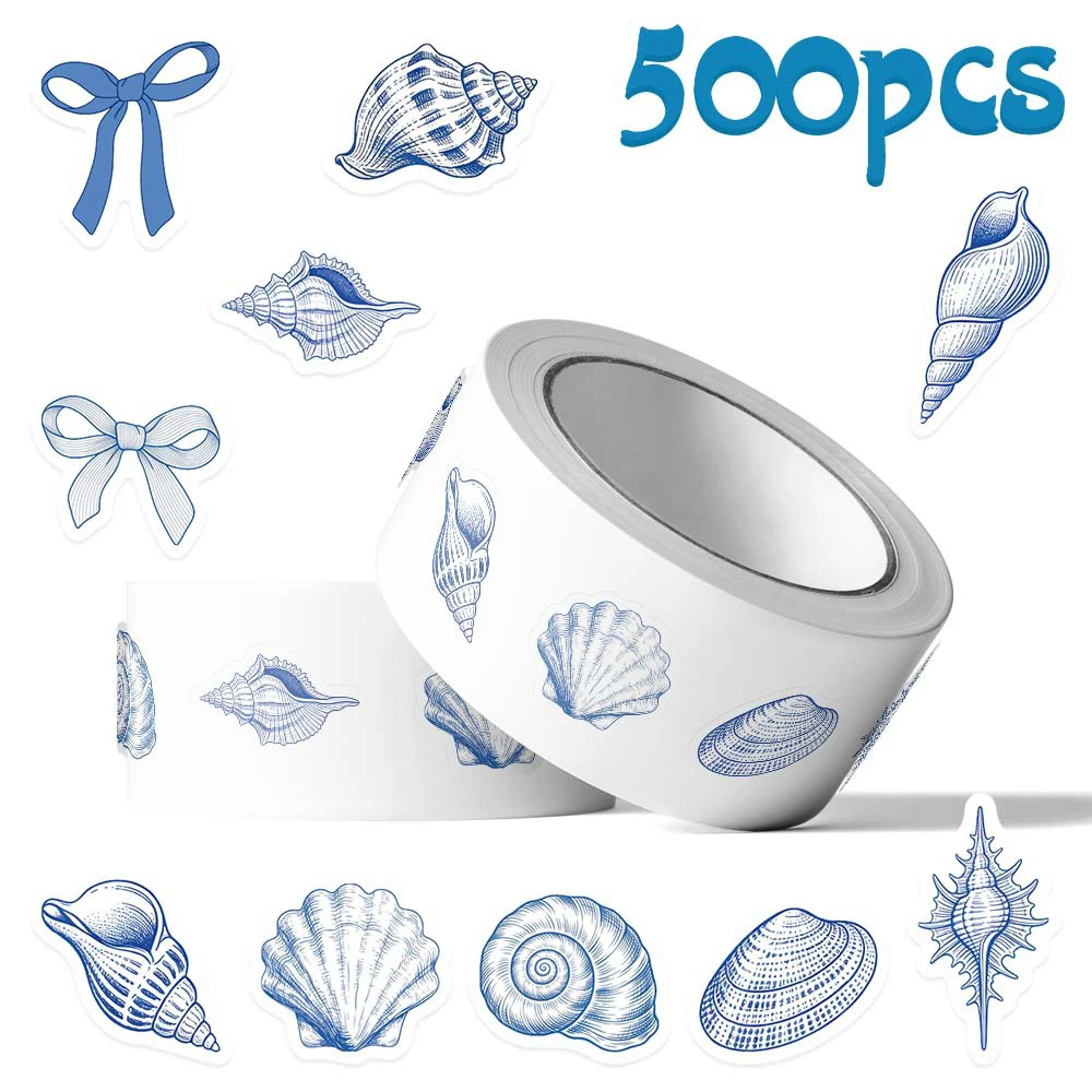 500pcs/Roll Blue Ocean Art Graffiti Sticker Shell Conch Cartoon Decals DIY Guitar Laptop Journal Aesthetic Sealing Label Sticker