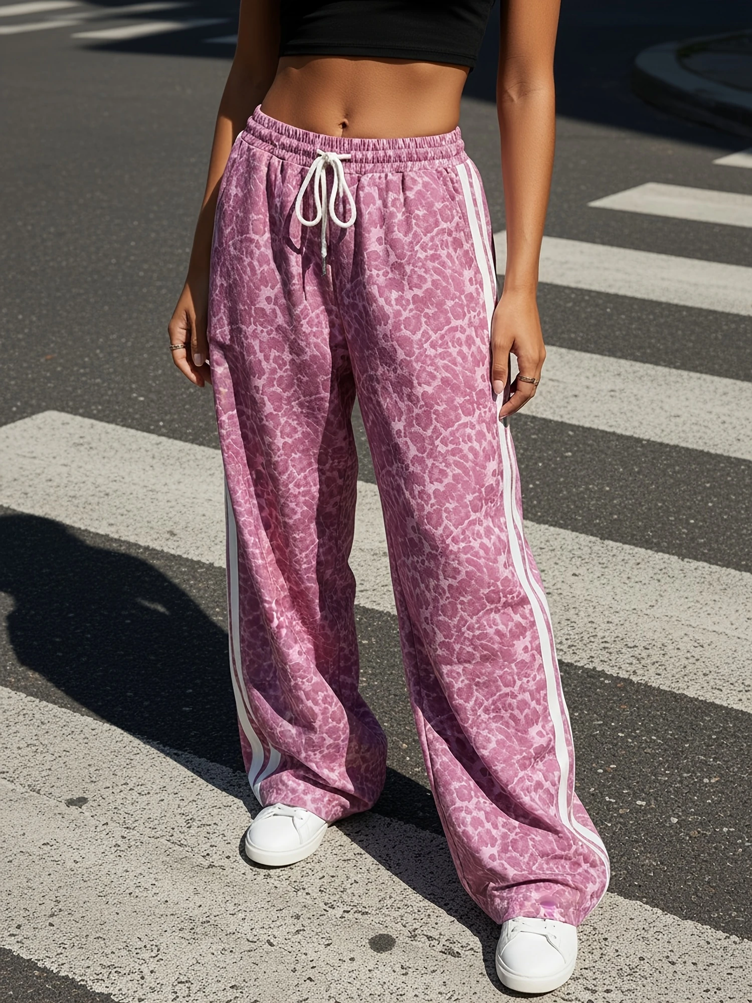 2026 New Purple Leopard Print Straight Pants Side Stripe Loose Trousers Y2K Vintage Streetwear Casual Loungewear Bottoms kids