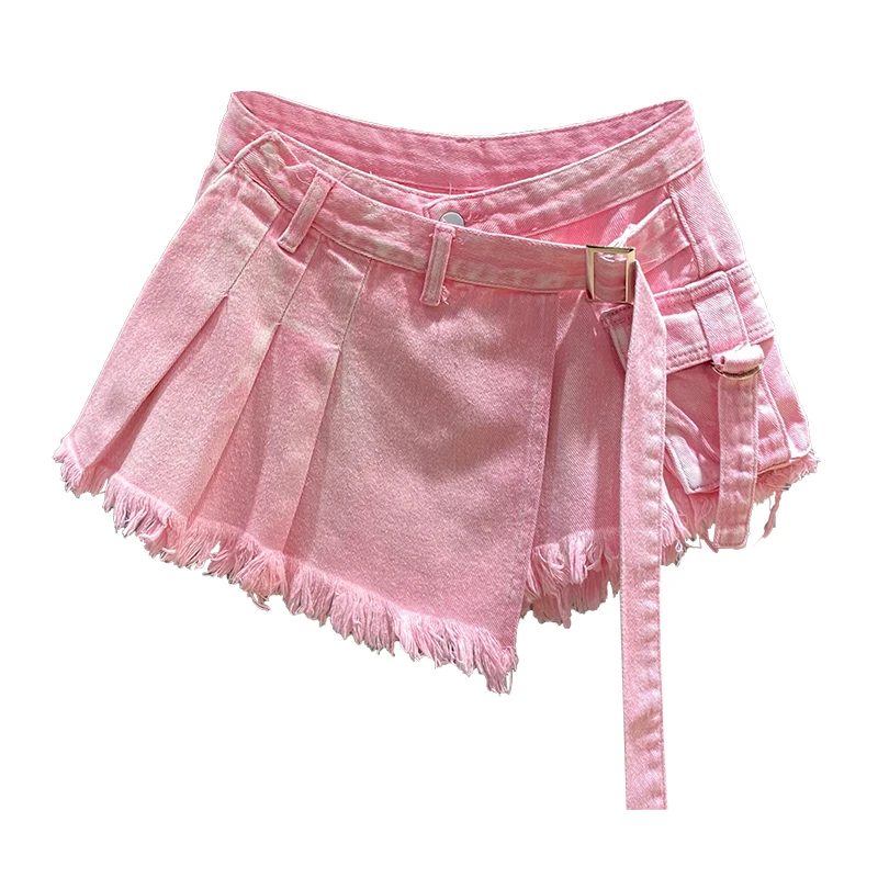 [EWQ] Sweet Style Irregular High Waist Pleated  Denim Skirt Women Clothing 2024 Summer Pink Color Jeans Patchwork Shorts 16U9628