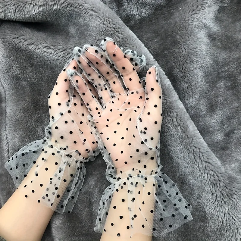 1 piece of sexy transparent polka dot printed black and white mesh thin gauze glove, suitable for spring and summer, short thin
