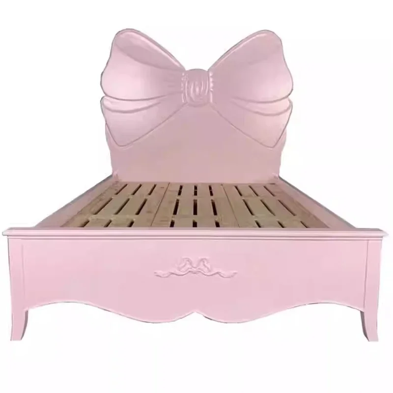 

European solid wood bed bow pink girl princess bed French light luxury master bedroom children's American double