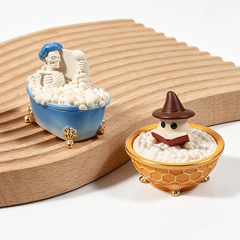Human Skeleton Ghost Bathtub Storage Box Silicone Mold DIY Halloween Decor Candle Cup Jar And Lid Casting Plaster Resin Mold