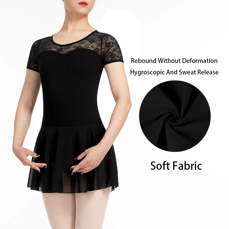 Women\'s Dance Leotard Skirt Adult Lace Short Sleeve Ballet Dress,Water-drop Hollow Back,Full Front Soft Lining Ballet Clothes