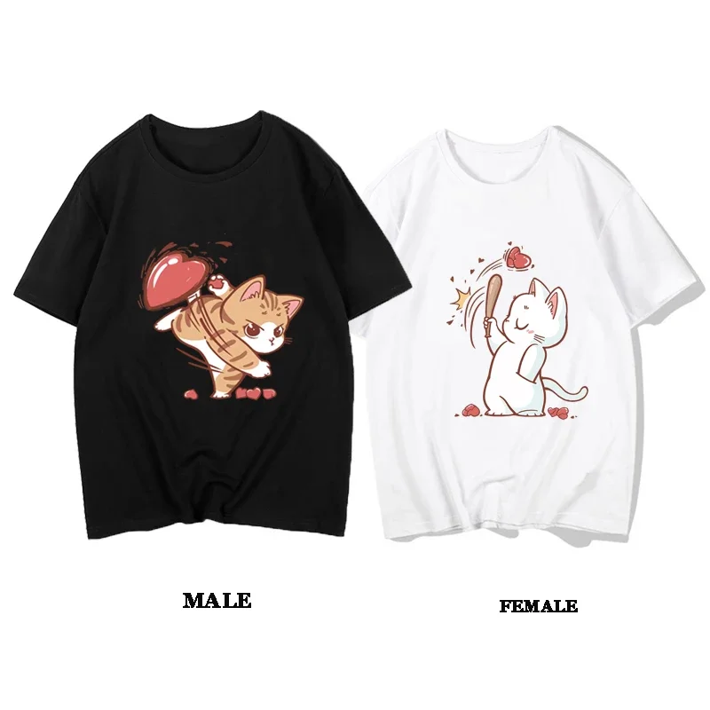 Interesting Cat Love Print T-shirts for Couple Matching Stuff  Men Women Casual Loose Short Sleeve Tshirt Top Women Clothes