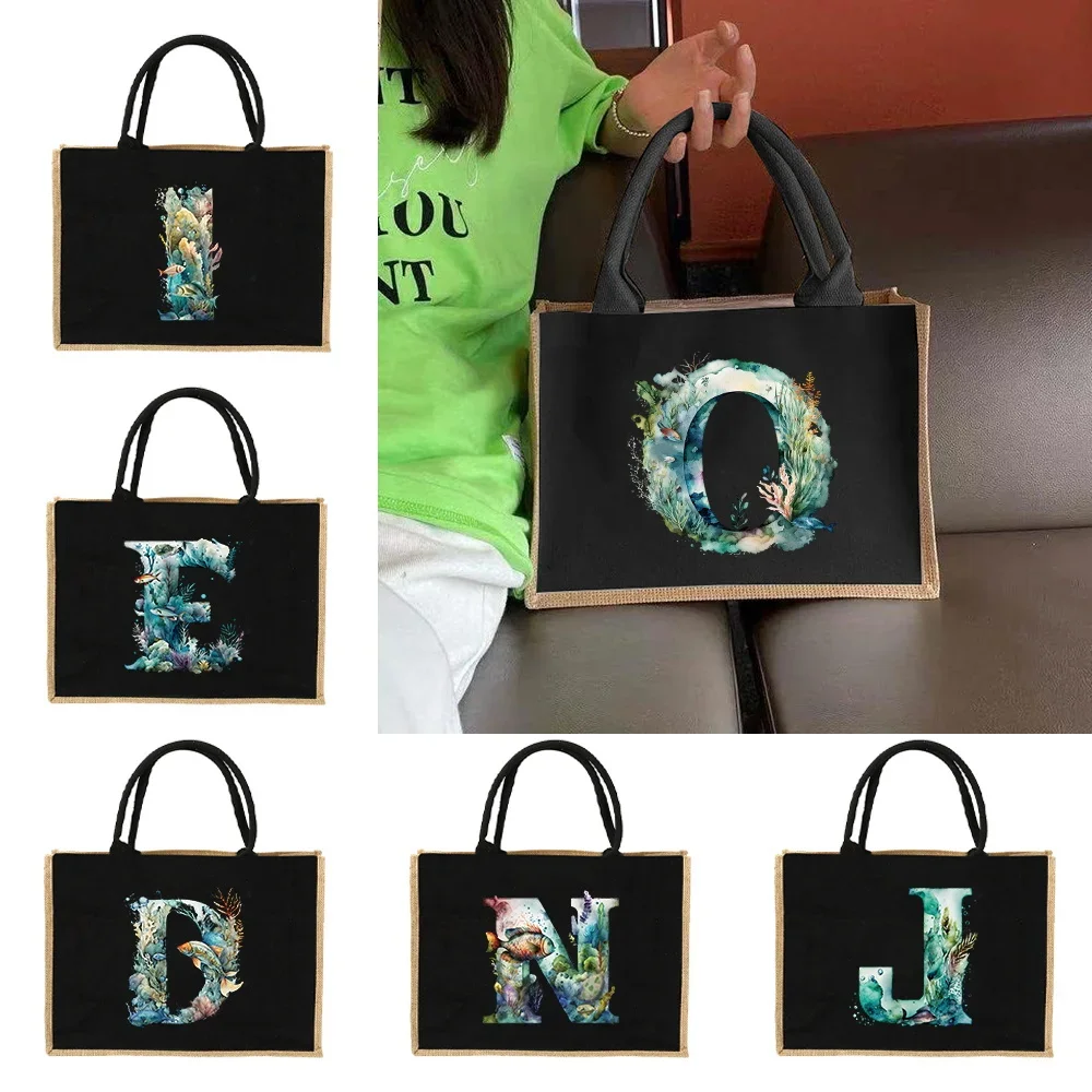 New Large Capacity Travel Gunny Bag Linen Shoulder Bag Fish Letter Printing Pattern Jute Imitation Sack Women's Shopping Bag