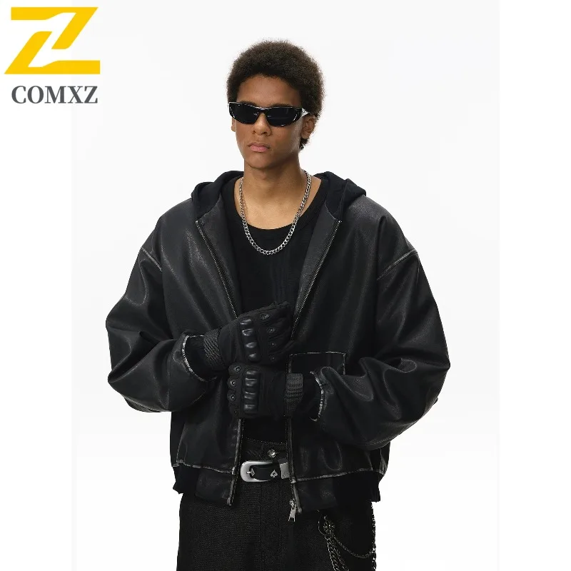

Men's Vintage Hooded Biker Jacket PU Leather Coat American Style Motorcycle Outerwear Water-Resistant Windproof Streetwear Retro