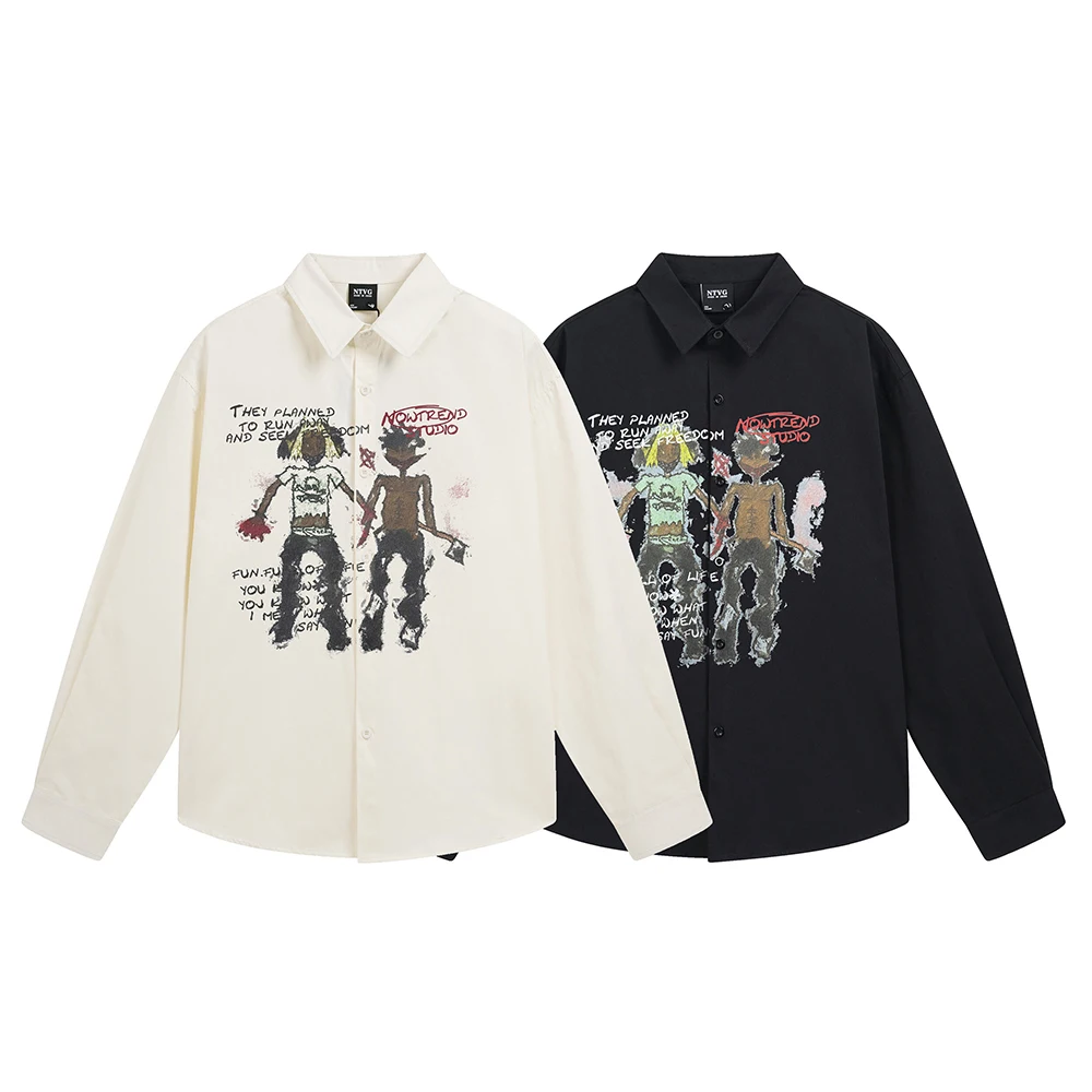 Funny Cartoon Print Trend Casual Men's Shirts Y2k Tops High Street Oversized Long Sleeve Korean Fashion Japan Style Goth Clothes