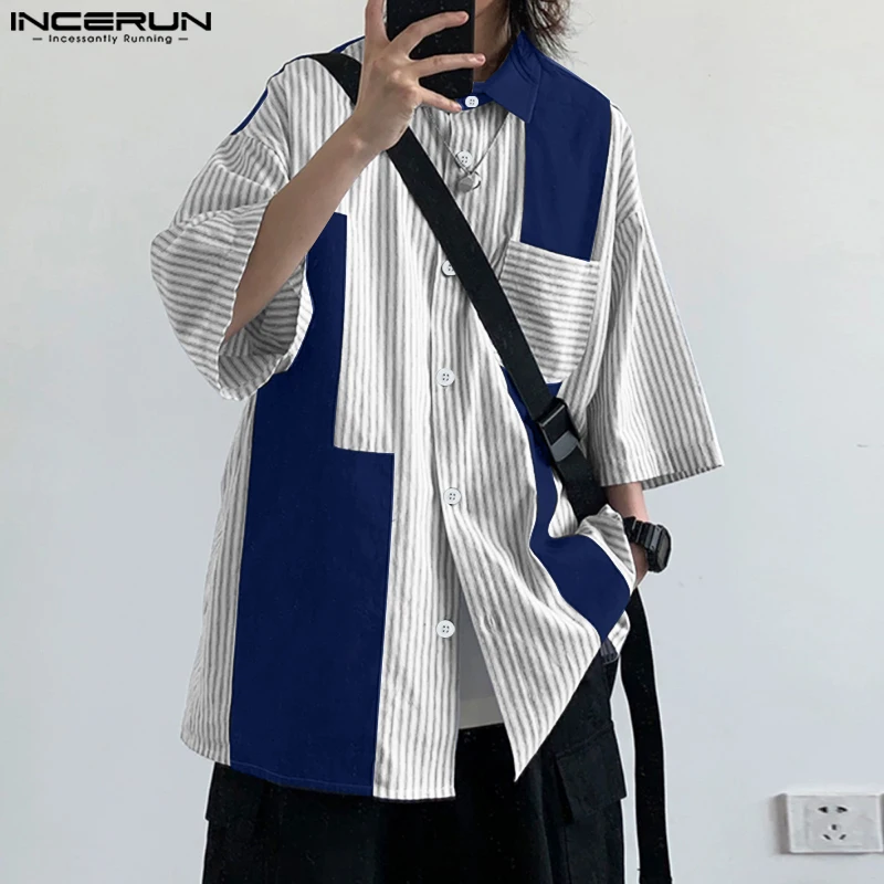 INCERUN Camicia da uomo a righe patchwork risvolto mezza manica allentata casual abbigliamento uomo streetwear estate 2025 camicie maschili stile coreano
