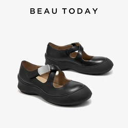 BEAUTODAY Casual Mary Janes Women Soft Calfskin Solid Color Buckle Cross-tied Medium Heeled 2024 Ladies Ballet Flats Shoes 25707