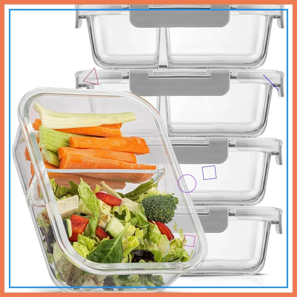 

Герметичные стеклянные контейнеры для хранения продуктов с крышками, набор из 5 штук с 2 отделениями для контроля порций и похудения