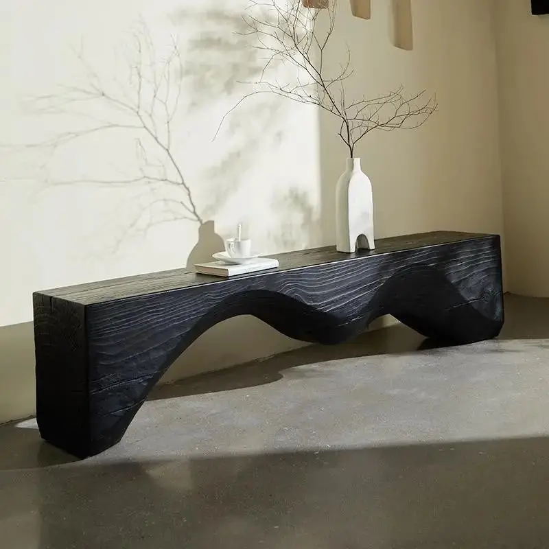 Fire burnt solid wood bench matte black homestay vintage wooden pier clothing store shoe stool log ornament