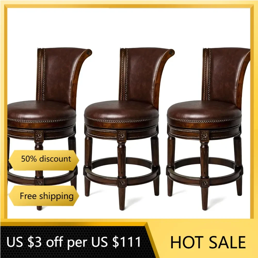 Pullman 26 Inch Tall Counter Height Upholstered Barstool with Back in Dark Walnut Finish with Vintage , Set of 3