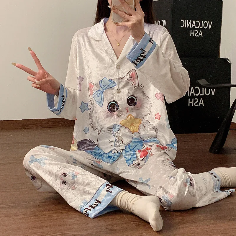 Plus Size Soft Golden Velvet Pajamas Women's Sweet Cartoon Cat Long Sleeve Trousers Winter Spring Outer Wear Home Clothes Suit