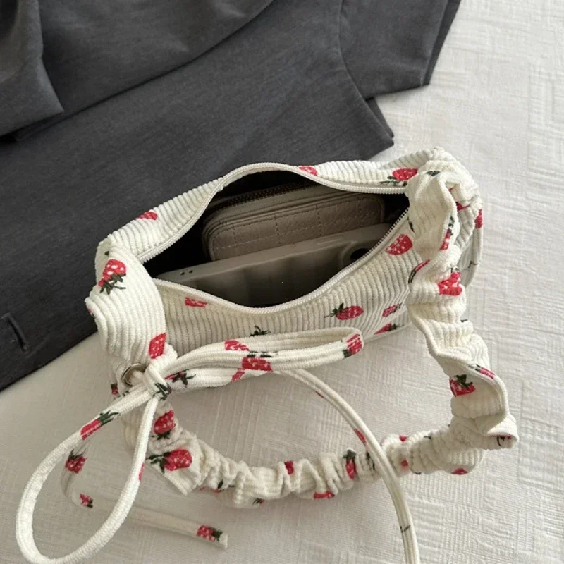 Small Underarm Bag For Women Corduroy Handbag Cute Strawberry Print Little Tote Half Moon Design Eco Cloth Mini Shoulder Bag image 6