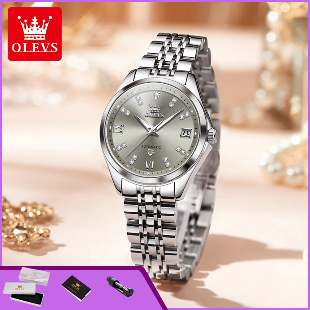 OLEVS 9801 Mechanical Wristwatch for Women Fashion Simple Classic Waterproof Calendar Luminous Luxury Ladies Business Watches