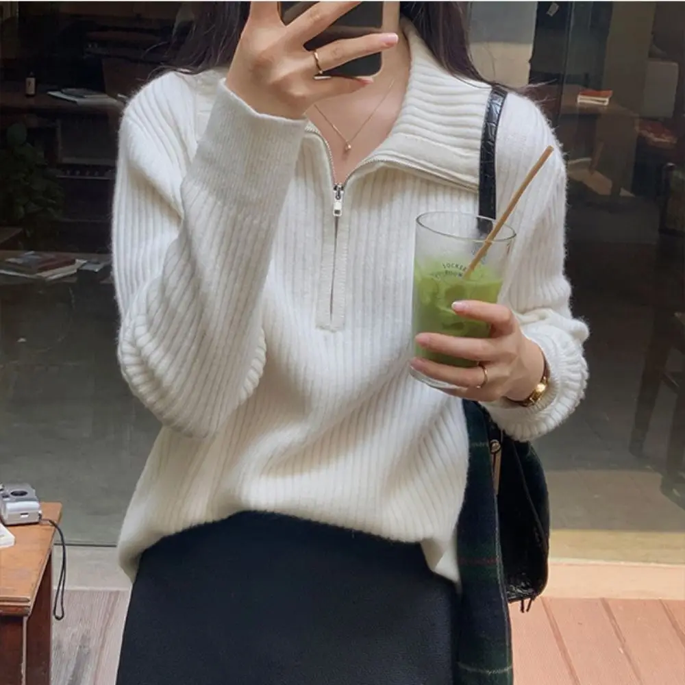 Felpa con cappuccio a maniche lunghe con cerniera a maniche lunghe Maglione casual allentato lavorato a maglia all'uncinetto Top da donna Pullover da ragazza dolce Primavera/Inverno