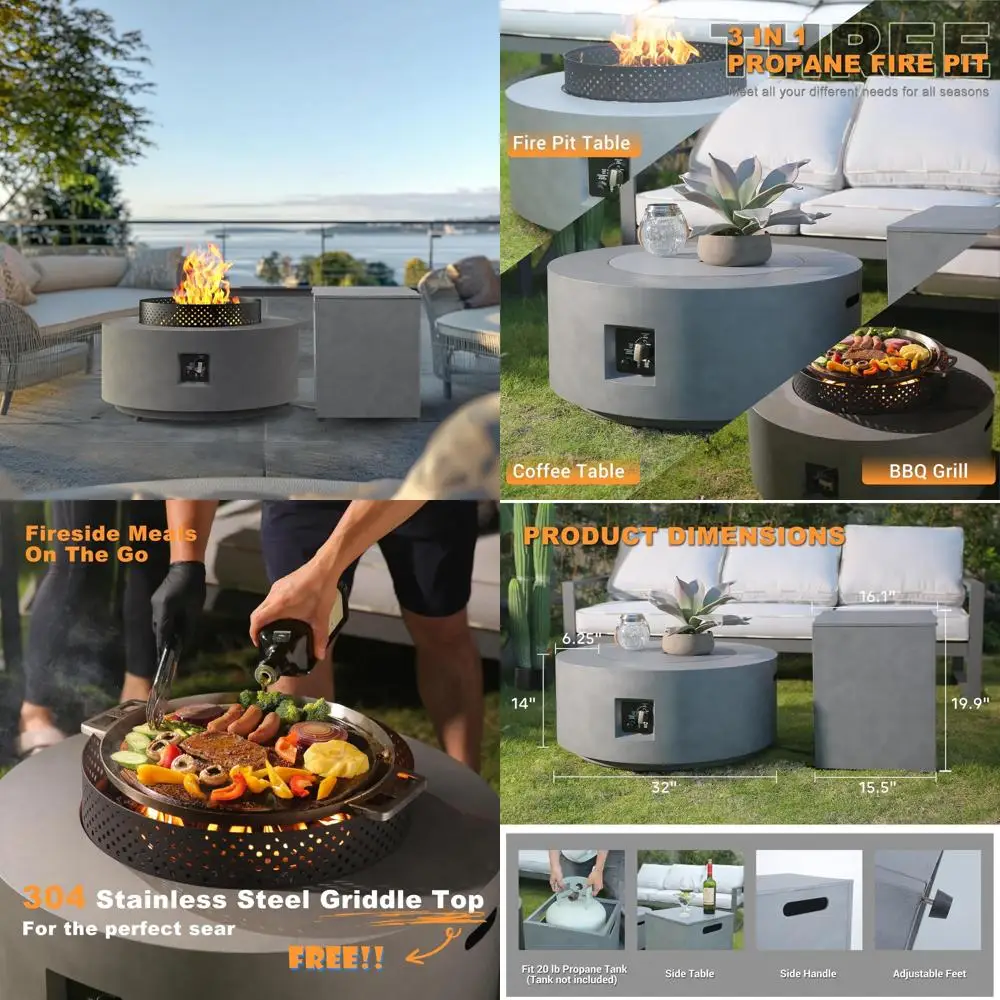 

Round Outdoor Propane Gas Fire Pit Table with Wind Guard, 32 Inch Diameter, 3-Piece Set, 65,000 BTU, Side Tank Access, Weather R