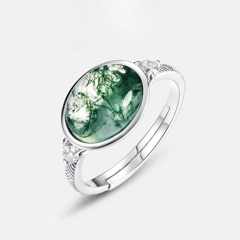 

Green Moss Ring, Moissanite S925 Silver Plated 18K Gold PT950 Platinum Natural Water Grass Agate Ring, Fashionable and Simple