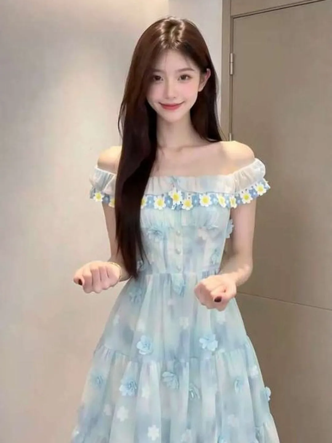 

Gentle Wind Beautiful One-Shoulder Floral Fairy Long Dress Summer New Style Cotton Soft Medium Elasticity City Commute Casual