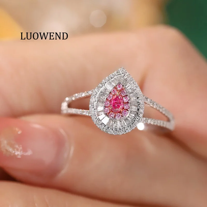 LUOWEND 100% 18K White Gold Rings Elegant Water Drop Shape Real Natural Pink Diamond Engagement Ring for Women Fine Jewelry