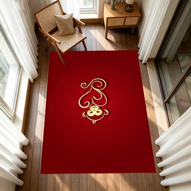 Golden Monkey Zodiac Logo Red Background Carpet Flooring, Chinese Style Non-Slip Floor Rug for Living Room Bedroom Home Decoration
